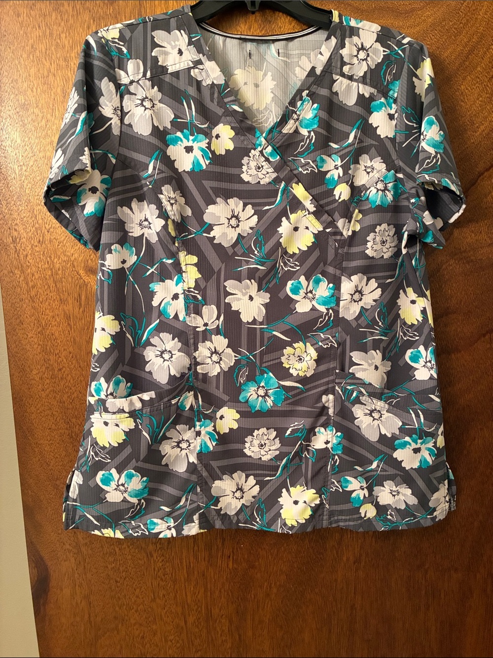 Floral V-Neck Women's Top in Gray with Teal and Yellow Accents